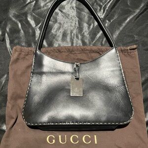 Gucci Black Leather Topstitch Hobo